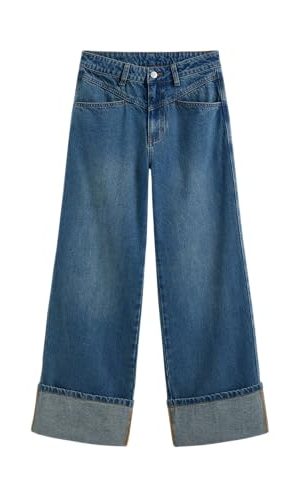 Women’s Baggy Jeans Straight Wide Leg High Waisted Fold Hem Denim Pants with Pockets