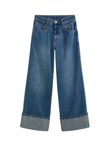 Women’s Baggy Jeans Straight Wide Leg High Waisted Fold Hem Denim Pants with Pockets