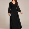 Women's V-Neck Long Sleeves A-Line Pleated Chiffon Floor Length Formal Dress 02235