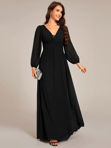 Women's V-Neck Long Sleeves A-Line Pleated Chiffon Floor Length Formal Dress 02235