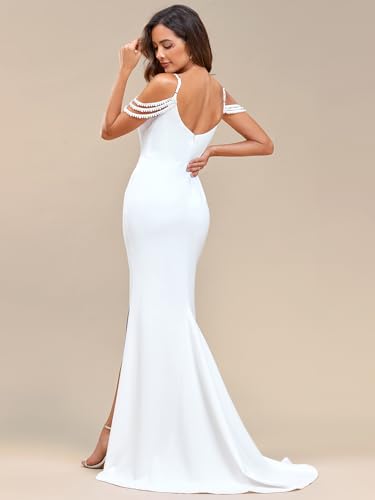 Women's Slit Pearl Chain Cold Shoulder Fishtail Wedding Bridal Gowns Floor‑Length Dress for Bride 01859-PH