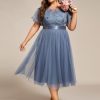 Women's Embroidered Tulle A Line Cocktail Dresses Short Sleeves Midi Plus Size Semi Formal Gowns