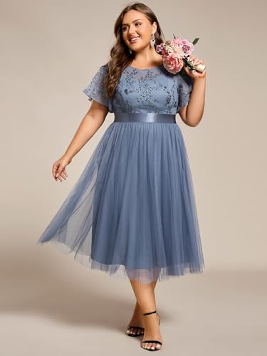 Women's Embroidered Tulle A Line Cocktail Dresses Short Sleeves Midi Plus Size Semi Formal Gowns