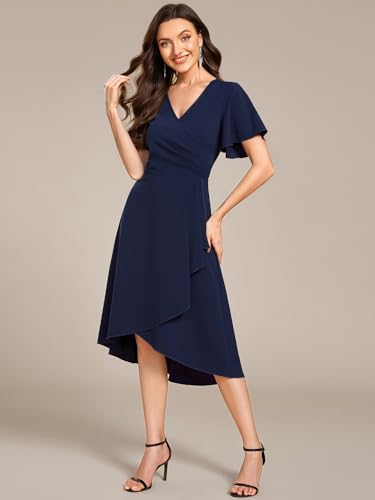 Women's V-Neck Pleated Short Ruffles Sleeves Hi-Lo Midi A Line Cocktail Dresses 02327