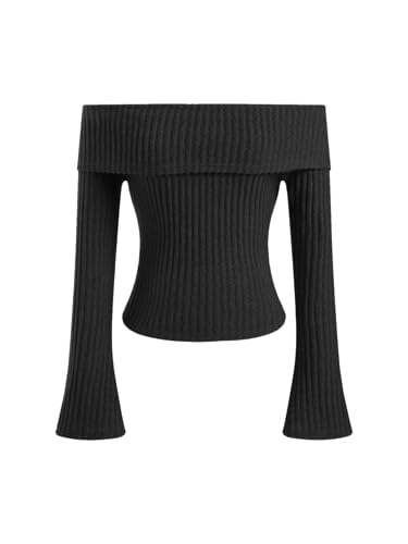 Off The Shoulder Tops for Womens Sexy Long Sleeve Going Out Tops Knit Cropped Top Trendy Slim Fit