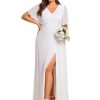 Women's V Neck Chiffon Ruched Ruffles Sleeves Side Slit Floor Length Plus Size Bridesmaid Dresses S0050-DA