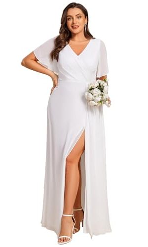 Women's V Neck Chiffon Ruched Ruffles Sleeves Side Slit Floor Length Plus Size Bridesmaid Dresses S0050-DA