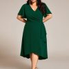 Women's V Neck Pleated Ruffles Sleeves High Low Plus Size Cocktail Dresses 02327-DA