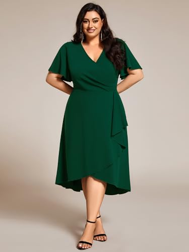 Women's V Neck Pleated Ruffles Sleeves High Low Plus Size Cocktail Dresses 02327-DA