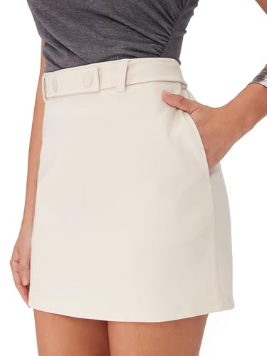 Womens Mini Skirts Solid High Waisted with Belt & Pockets Workwear