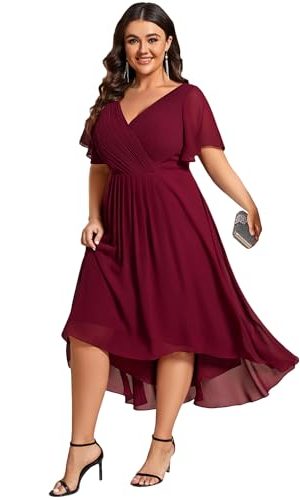 A Line V Neck Chiffon Short Sleeves High Low Knee Length Plus Size Wedding Guest Dresses for Curvy Women 01923-DA