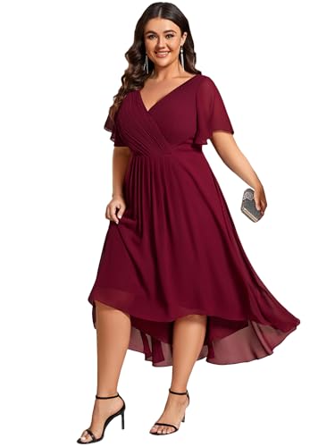 A Line V Neck Chiffon Short Sleeves High Low Knee Length Plus Size Wedding Guest Dresses for Curvy Women 01923-DA