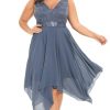 Women's V Neck Sleeveless Asymmetric Hem Lace Chiffon Short Summer Plus Size Wedding Guest Dresses
