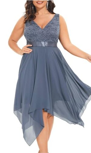 Women's V Neck Sleeveless Asymmetric Hem Lace Chiffon Short Summer Plus Size Wedding Guest Dresses