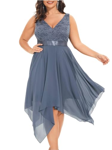 Women's V Neck Sleeveless Asymmetric Hem Lace Chiffon Short Summer Plus Size Wedding Guest Dresses