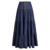 Women’s Long Jean Denim Tiered Button Down High Waisted Maxi Skirts