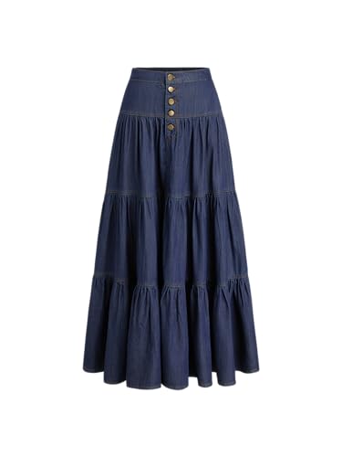 Women’s Long Jean Denim Tiered Button Down High Waisted Maxi Skirts