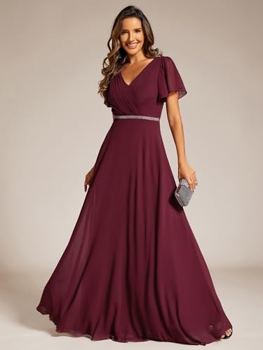 Women's Chiffon Formal Dress A-Line V Neck Ruffle Sleeves Floor Length Evening Gown 11981