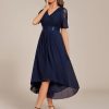 Women's V Neck Lace Chiffon Half Sleeves A Line Hi-Lo Wedding Guest Dresses 04489
