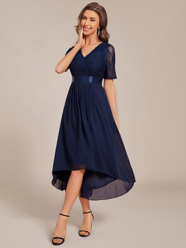 Women's V Neck Lace Chiffon Half Sleeves A Line Hi-Lo Wedding Guest Dresses 04489