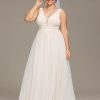 Women's V Neck Sleeveless A Line Pleated Tulle Floor Length Bridal Dresses