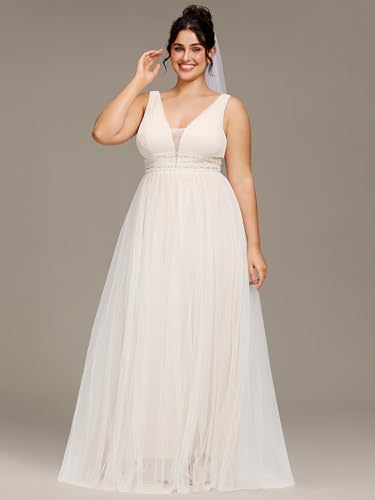 Women's V Neck Sleeveless A Line Pleated Tulle Floor Length Bridal Dresses
