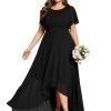 Women's Round Neck Short Sleeves Pleated A Line Chiffon Plus Size High Low Bridesmaid Dresses 02213-DA
