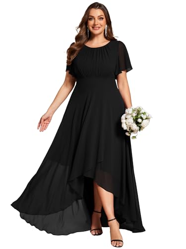 Women's Round Neck Short Sleeves Pleated A Line Chiffon Plus Size High Low Bridesmaid Dresses 02213-DA