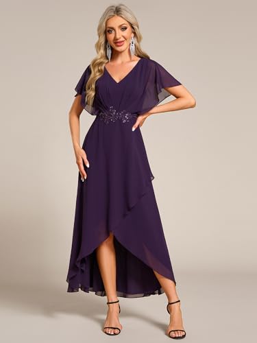 Women's Formal Dress A Line V Neck Applique Waist Tea Length Wedding Guest Dress 02027