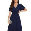 Women's V-Neck Pleated Short Ruffles Sleeves Hi-Lo Midi A Line Cocktail Dresses 02327