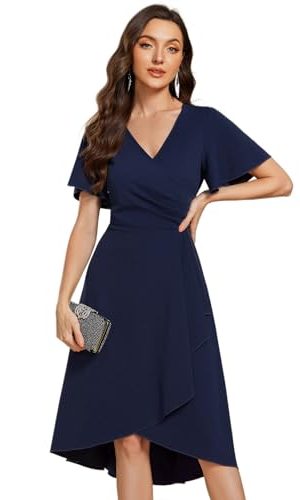 Women's V-Neck Pleated Short Ruffles Sleeves Hi-Lo Midi A Line Cocktail Dresses 02327
