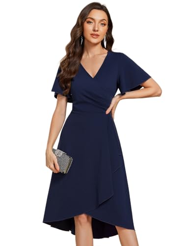 Women's V-Neck Pleated Short Ruffles Sleeves Hi-Lo Midi A Line Cocktail Dresses 02327