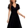 Women's V Neck Short Sleeves Lace A Line Hi-Lo Midi Semi Formal Dress 02489