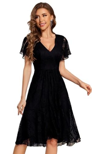 Women's V Neck Short Sleeves Lace A Line Hi-Lo Midi Semi Formal Dress 02489