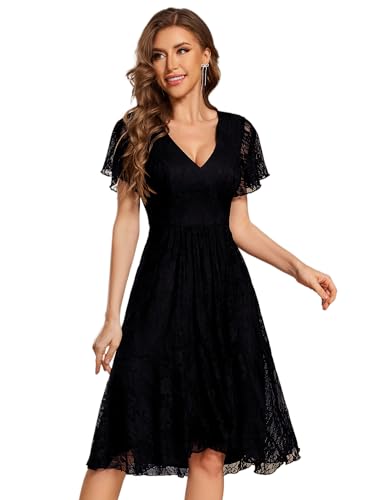 Women's V Neck Short Sleeves Lace A Line Hi-Lo Midi Semi Formal Dress 02489