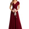 Women's Formal Dress Ruched Waist V Neck A Line Bridesmiad Dress with Sleeves 01730