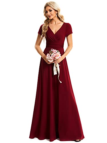 Women's Formal Dress Ruched Waist V Neck A Line Bridesmiad Dress with Sleeves 01730
