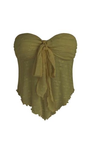 Summer Tube Tops for Women Floral Tie Front Cute Tops Sexy Going Out Tops Trendy Strapless Mesh Flowy Top Casual
