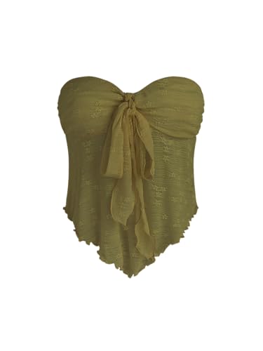 Summer Tube Tops for Women Floral Tie Front Cute Tops Sexy Going Out Tops Trendy Strapless Mesh Flowy Top Casual