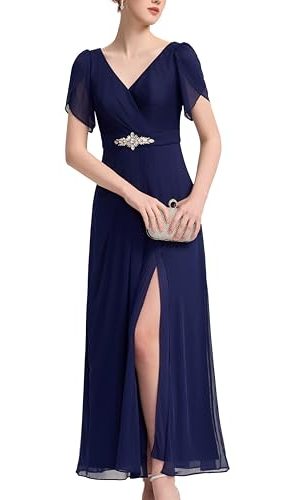 Women's Cap Sleeves Mother of The Bride Dresses Rhinestone Chiffon Maxi Formal Evening Dresses 02400