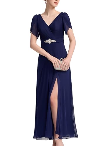 Women's Cap Sleeves Mother of The Bride Dresses Rhinestone Chiffon Maxi Formal Evening Dresses 02400