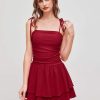 Women's Summer Mini Cocktail Dress Strap Ruched Square Neck Layered Sleeveless A Line Short Dress Trendy