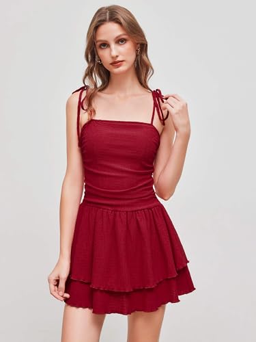 Women's Summer Mini Cocktail Dress Strap Ruched Square Neck Layered Sleeveless A Line Short Dress Trendy