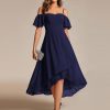 Women's Summer Cold Shoulder Hi-Lo Asymmetrical Hem Flowy Chiffon Short Wedding Guest Dress 02103