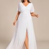 Women's V Neck Chiffon Ruched Ruffles Sleeves Side Slit Floor Length Plus Size Bridesmaid Dresses S0050-DA