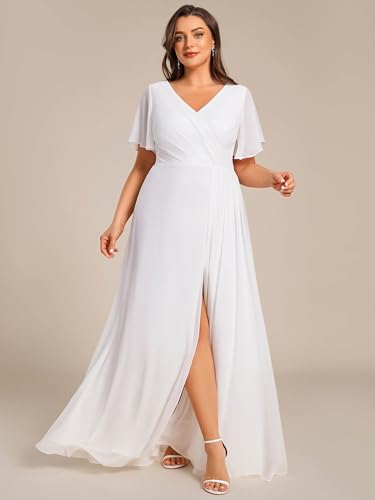 Women's V Neck Chiffon Ruched Ruffles Sleeves Side Slit Floor Length Plus Size Bridesmaid Dresses S0050-DA