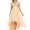Women's Cocktail Dress Double V-Neck Sleeveless Empire Waist Sequin High Low Tulle Formal Dress 0147A