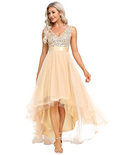 Women's Cocktail Dress Double V-Neck Sleeveless Empire Waist Sequin High Low Tulle Formal Dress 0147A
