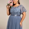 Women's Embroidered Tulle A Line Cocktail Dresses Short Sleeves Midi Plus Size Semi Formal Gowns