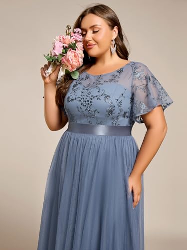 Women's Embroidered Tulle A Line Cocktail Dresses Short Sleeves Midi Plus Size Semi Formal Gowns